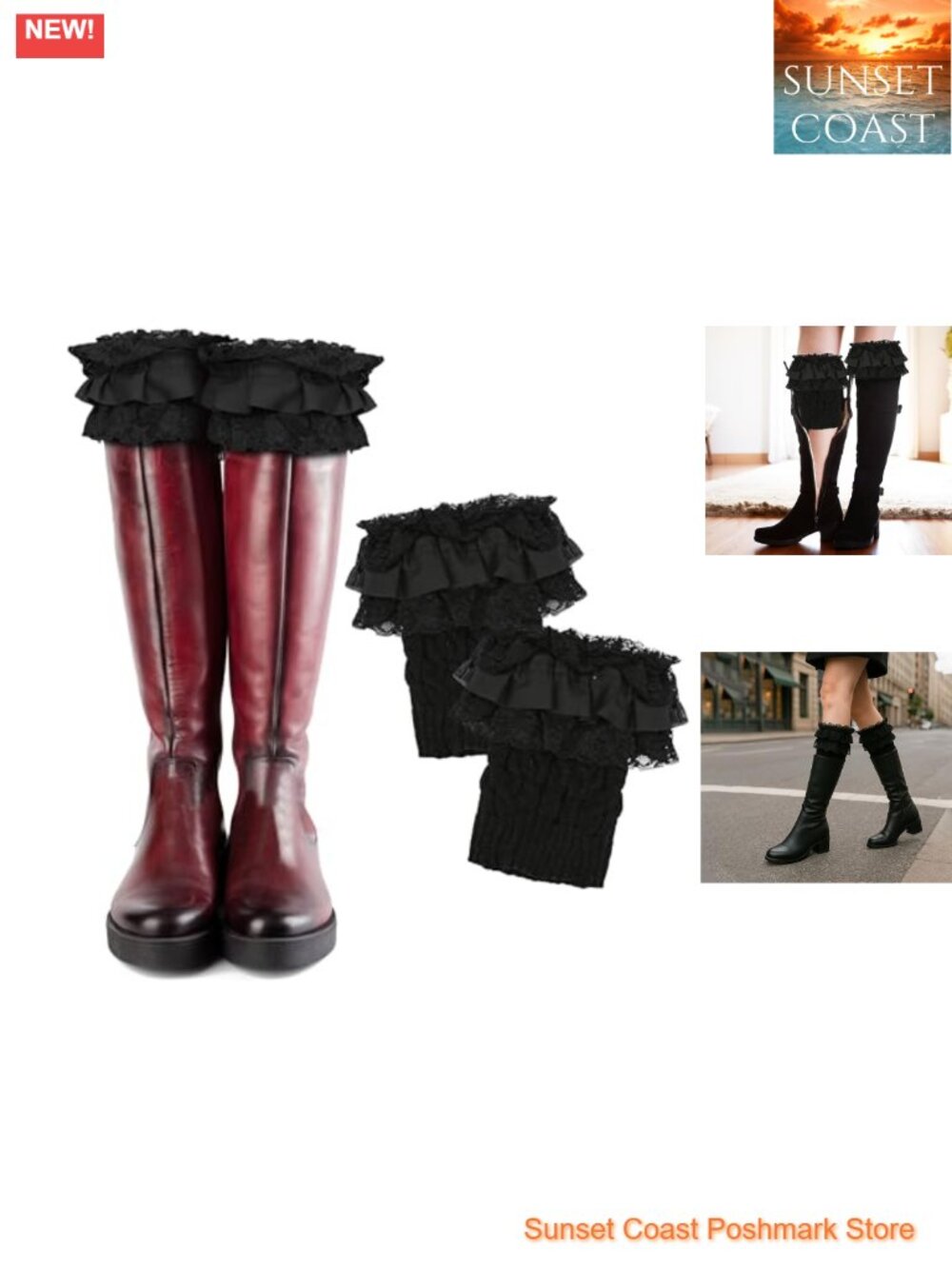 Knit Boot Cuff Socks Lace Trim Leg Warmers Toppers Short Stretch Cuffs